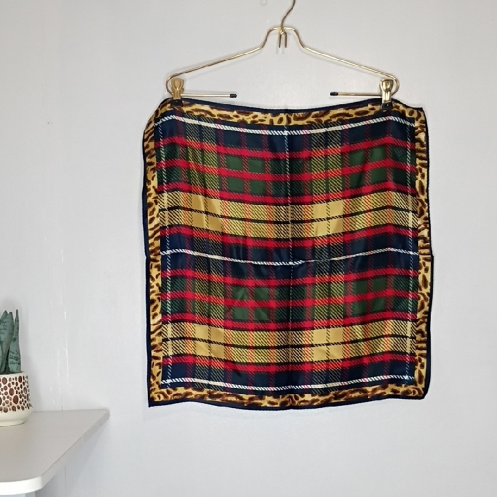 Vintage Silk Scarf Tartan Plaid Square Scarf with a Leopard Print Border